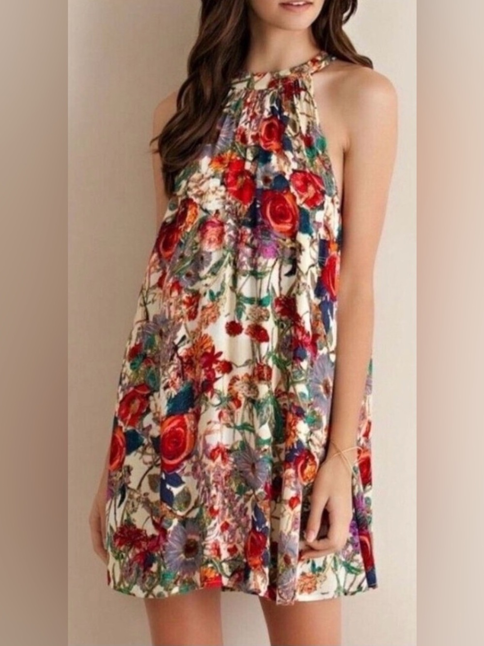 entro Cream Halter Mini Dress with Red, Blue & Green Floral Print